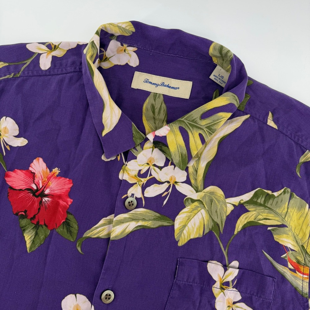 Tommy Bahama Shirt Mens Large Purple Silk Tropical Floral Hibiscus Short Sleeve